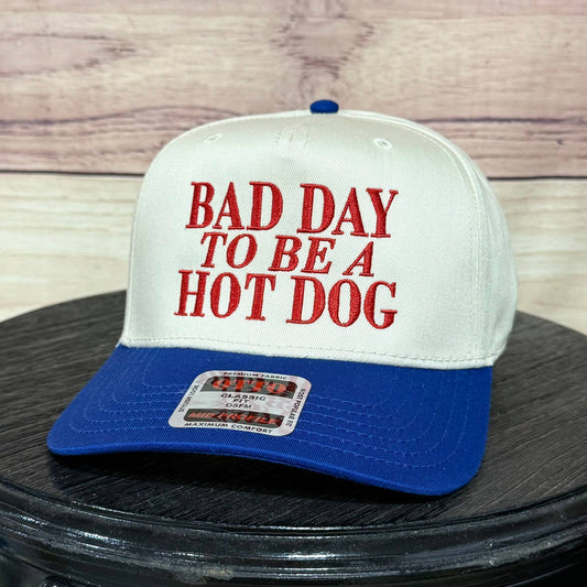 Bad Day to Be a Hot Dog | LC Elizabeth Original | Embroidered Hat: Natural/Royal Blue