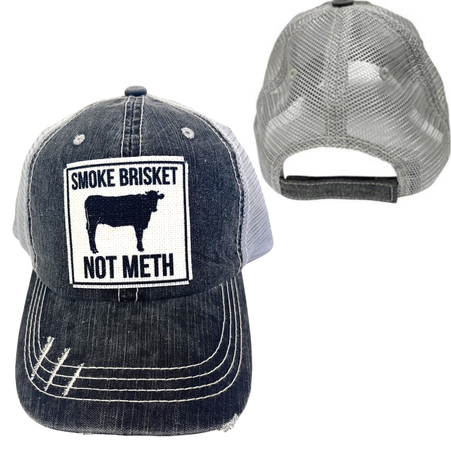 SMOKE BRISKET NOT METH CAP | UNISEX HAT | DISTRESSED: Camouflage