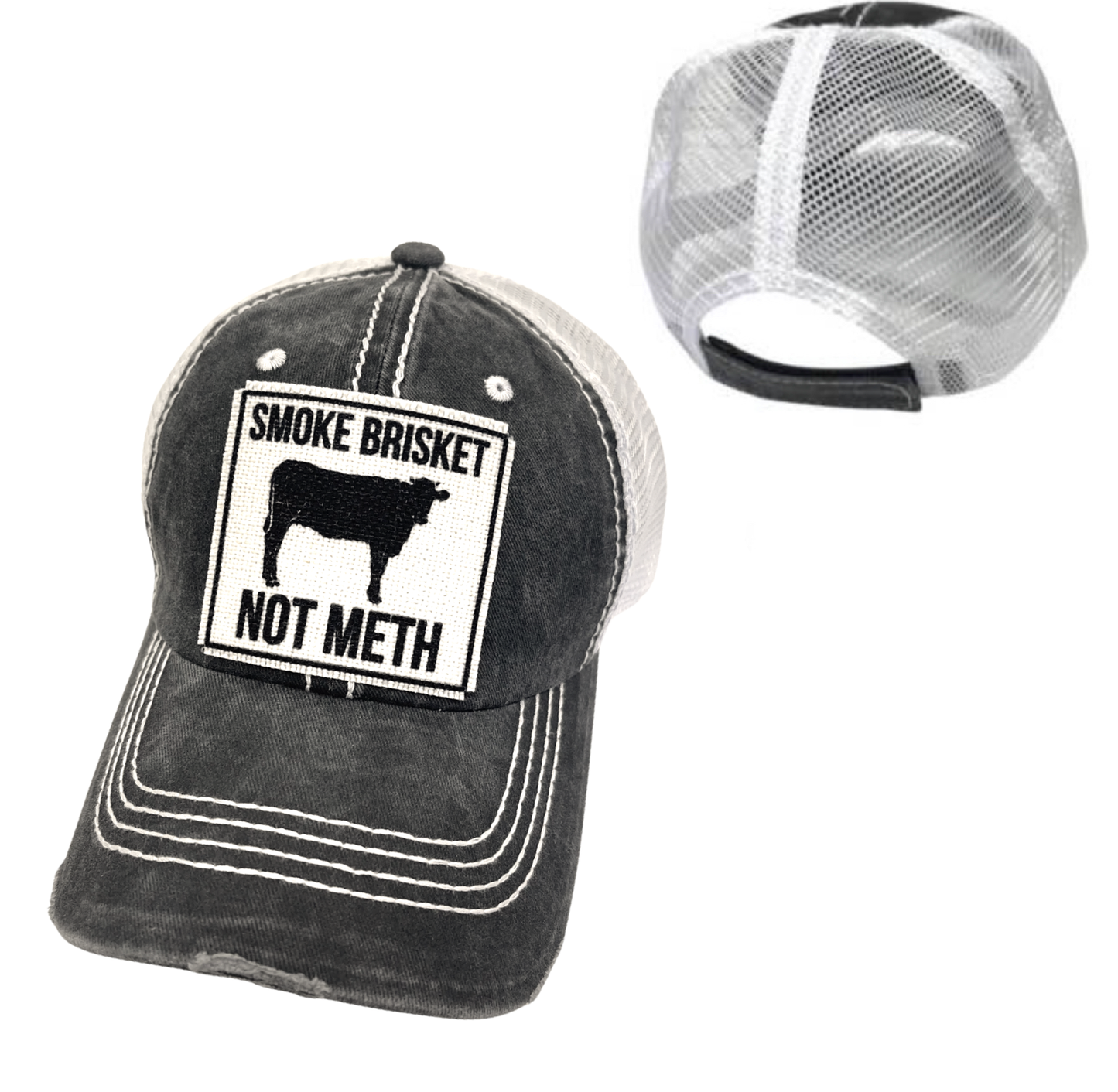SMOKE BRISKET NOT METH CAP | UNISEX HAT | DISTRESSED: Camouflage