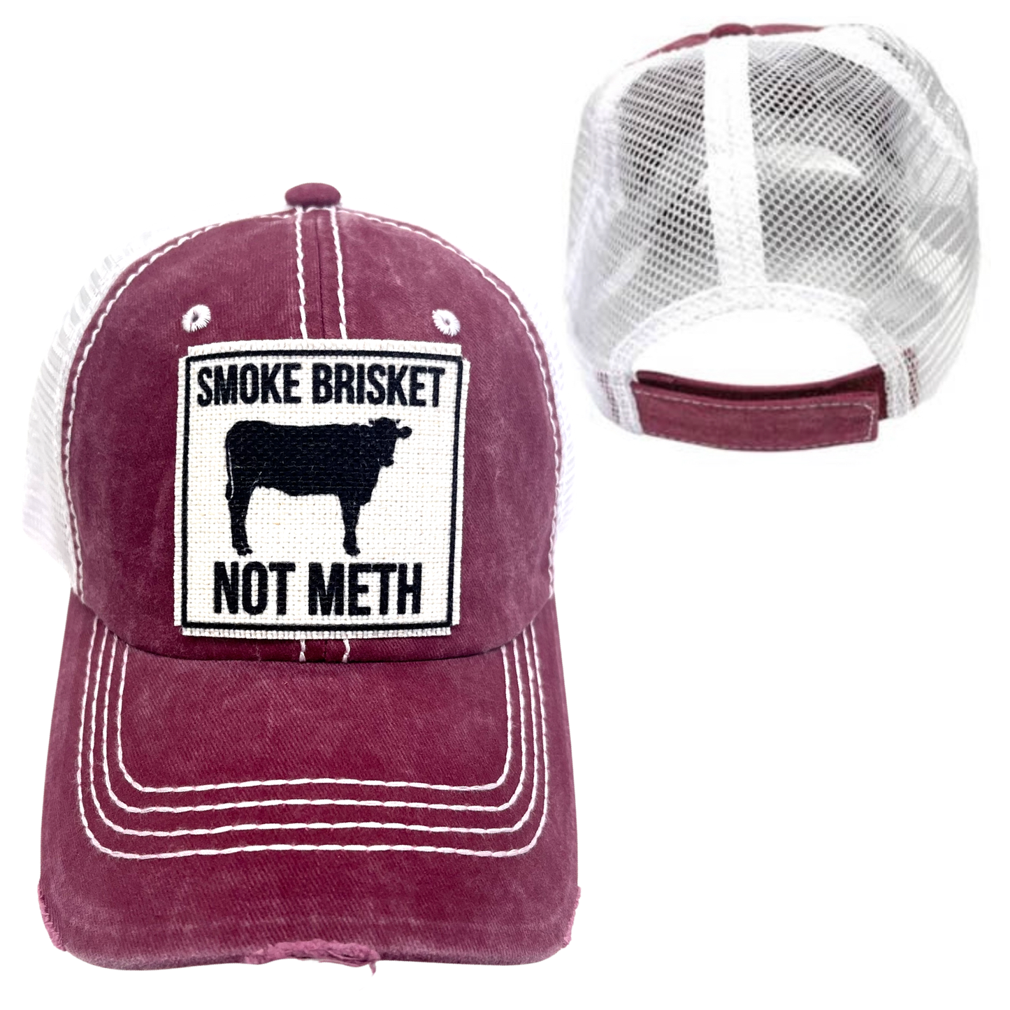 SMOKE BRISKET NOT METH CAP | UNISEX HAT | DISTRESSED: Camouflage