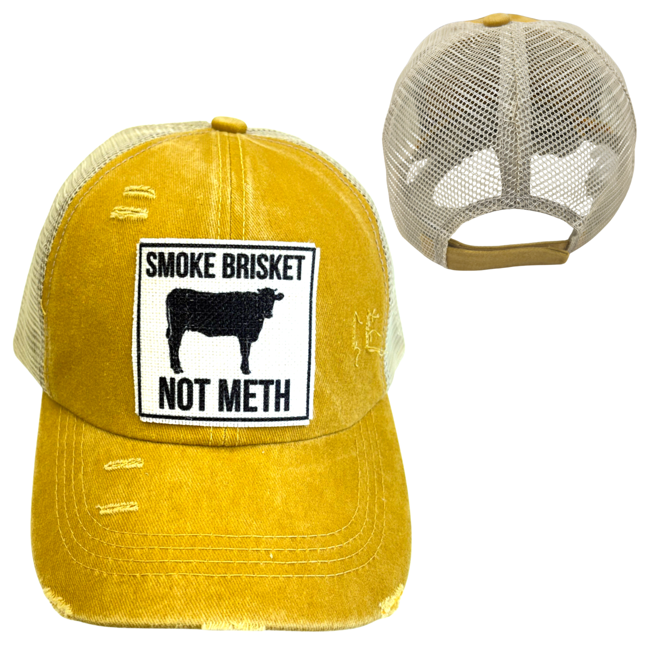 SMOKE BRISKET NOT METH CAP | UNISEX HAT | DISTRESSED: Camouflage