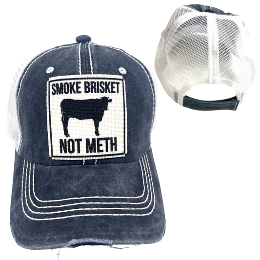 SMOKE BRISKET NOT METH CAP | UNISEX HAT | DISTRESSED: Blue with White Mesh