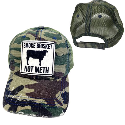 SMOKE BRISKET NOT METH CAP | UNISEX HAT | DISTRESSED: Camouflage
