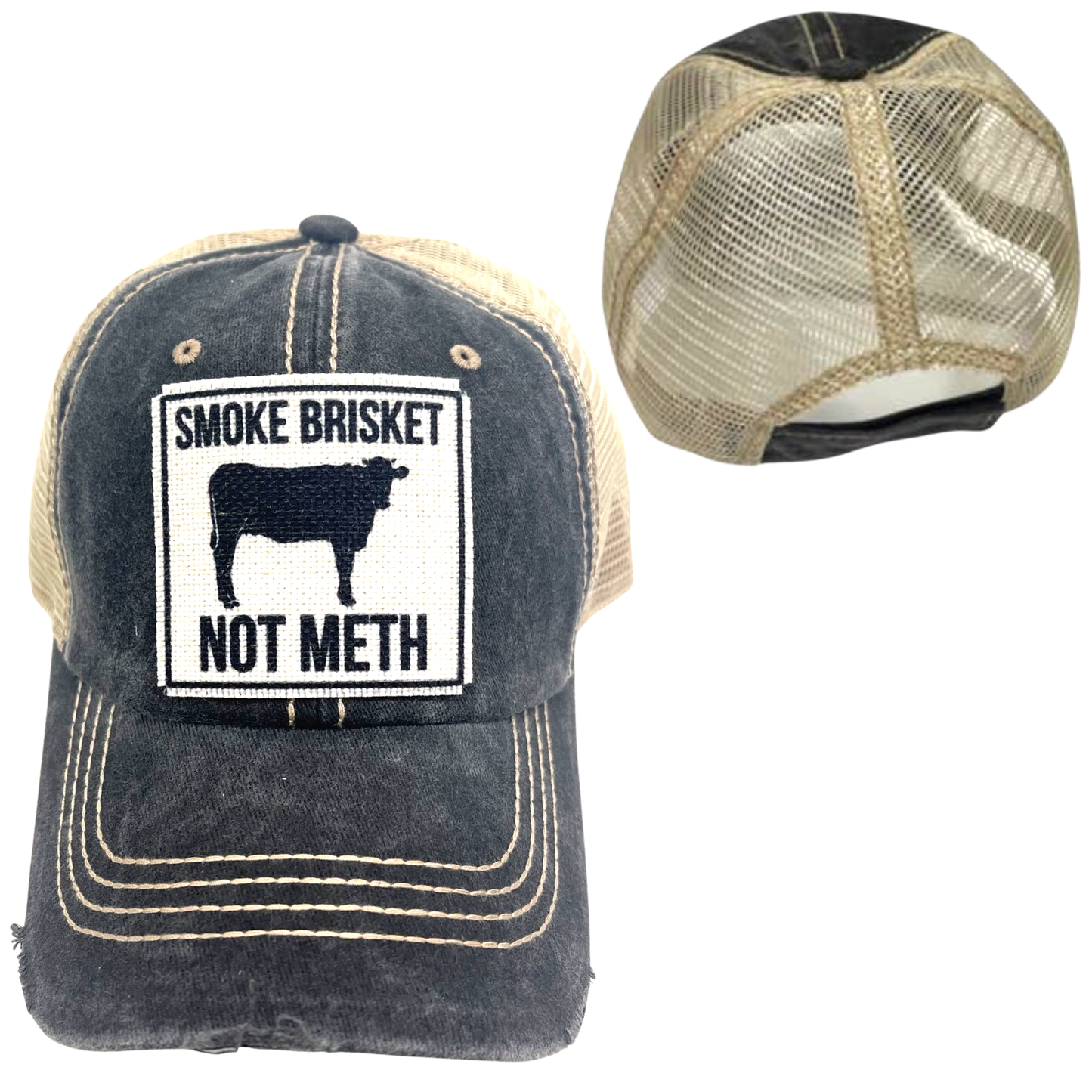 SMOKE BRISKET NOT METH CAP | UNISEX HAT | DISTRESSED: Camouflage