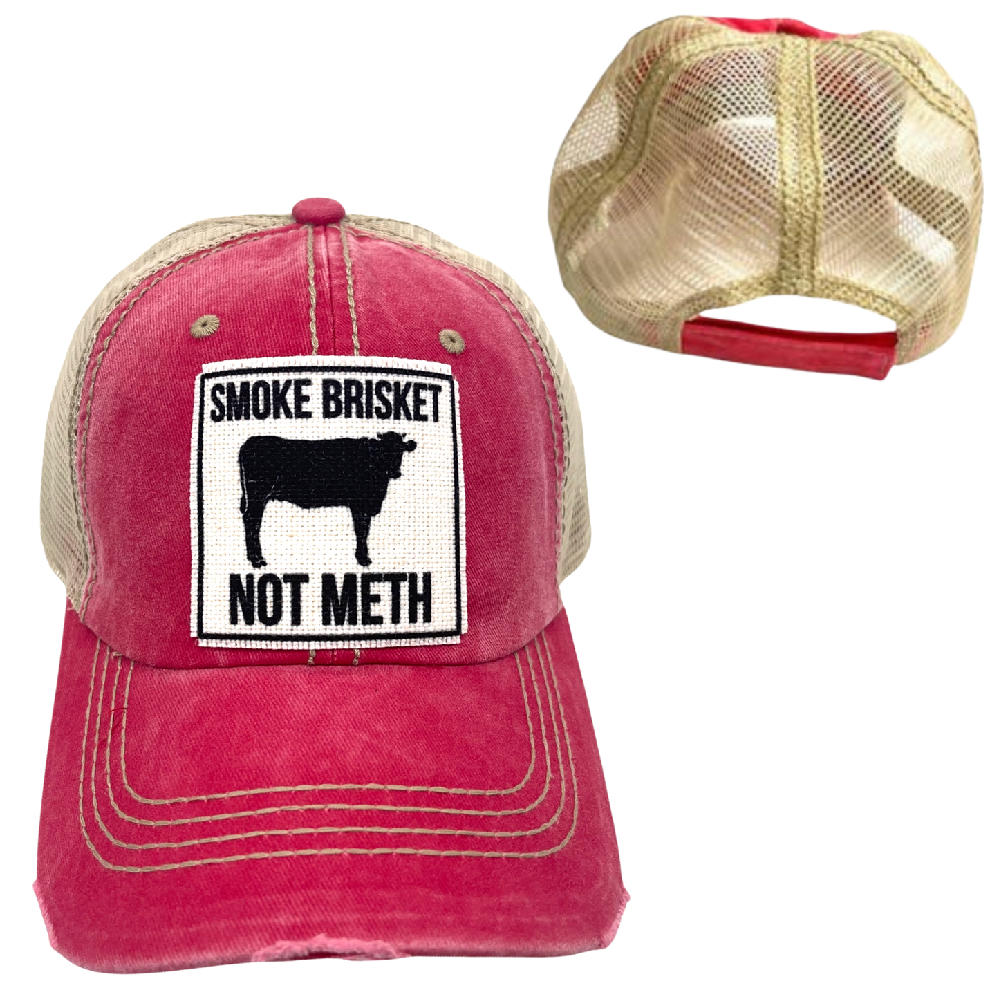 SMOKE BRISKET NOT METH CAP | UNISEX HAT | DISTRESSED: Blue with White Mesh